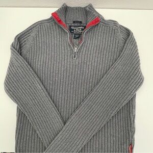 Abercrombie & Fitch Ribbed Gray Zip-Up Sweater with Red Trim